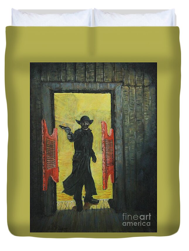 Saloon Duvet Cover featuring the painting The Red Saloon Doors.....What next by Bob Williams