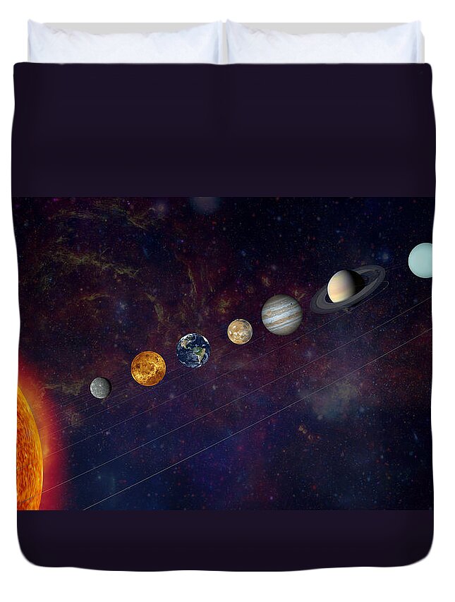 Astrophysics Duvet Cover featuring the photograph The Solar System In A Line by Alxpin