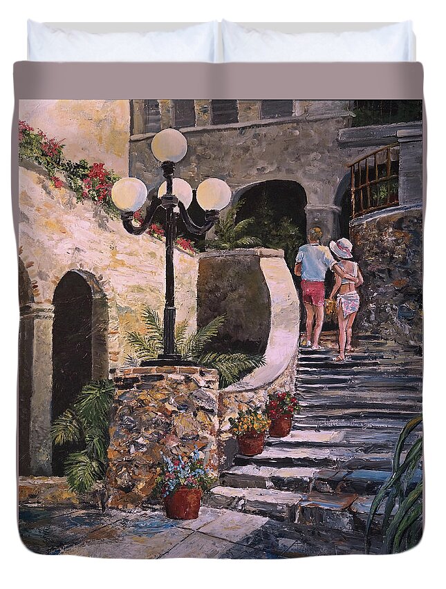 Puerto Rico Duvet Cover featuring the painting The Steps by Alan Lakin