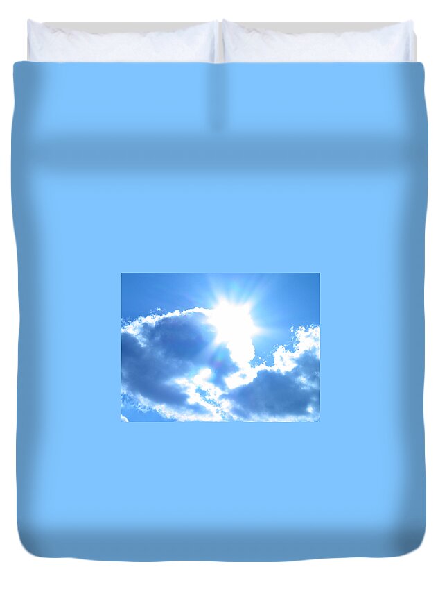 Lens Flare Duvet Cover featuring the photograph The Sun Breaks In A Tungsten Blue Sky 1 by Shmuel