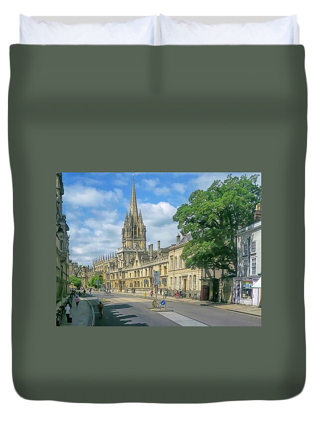Streetscape Duvet Cover featuring the photograph The Sunny Side of the Street - Oxford UK by Tony Crehan