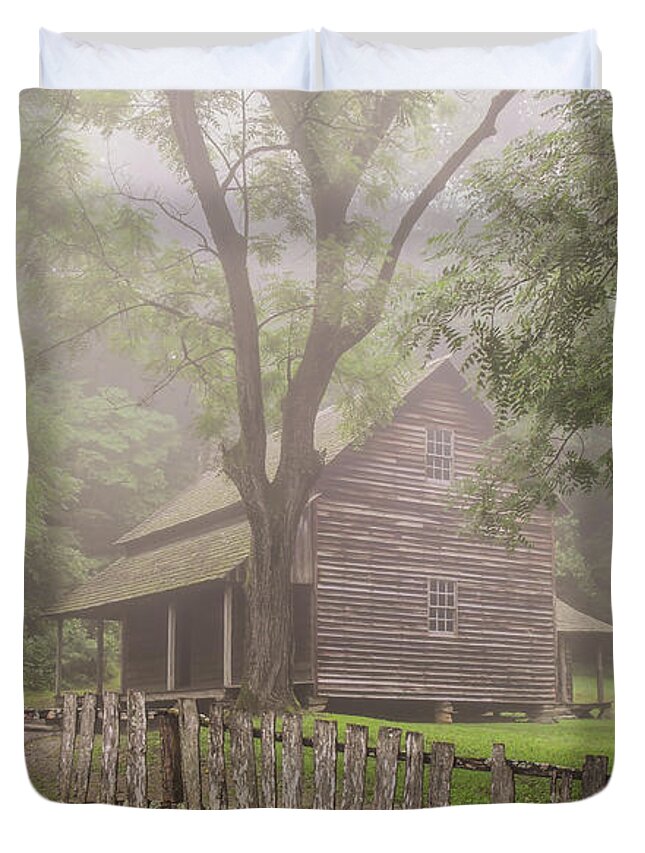 Cades Cove Duvet Cover featuring the photograph The Tipton Place on a Foggy Morning by Marcy Wielfaert