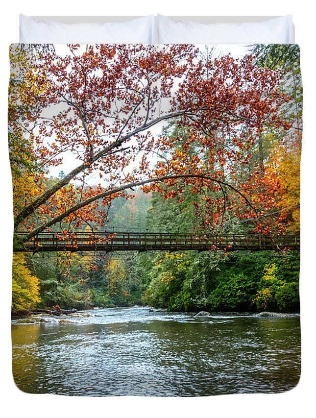 Bridge Duvet Cover featuring the photograph The Toccoa River Hanging Bridge by Debra and Dave Vanderlaan