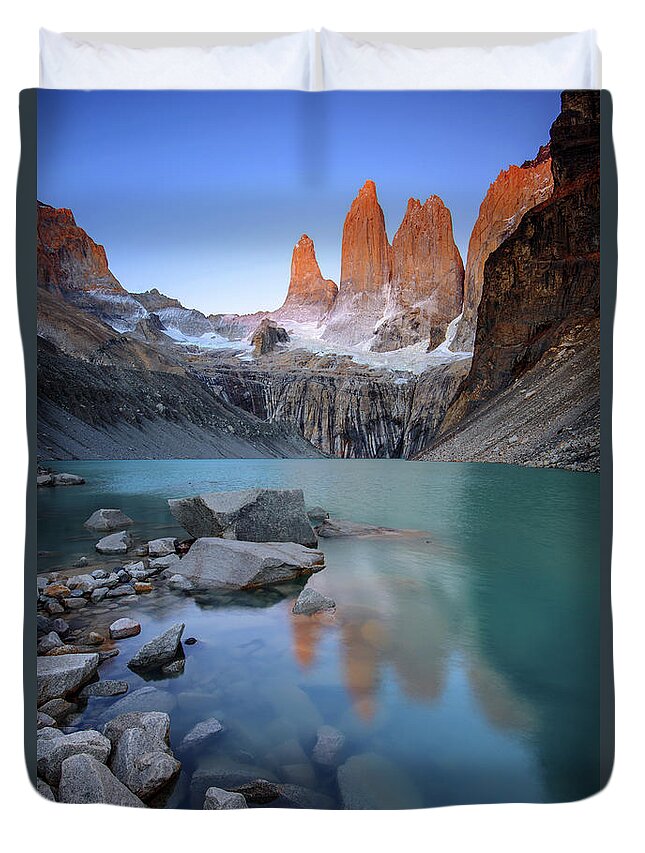 Scenics Duvet Cover featuring the photograph The Towers Alpenglow by Piriya Photography