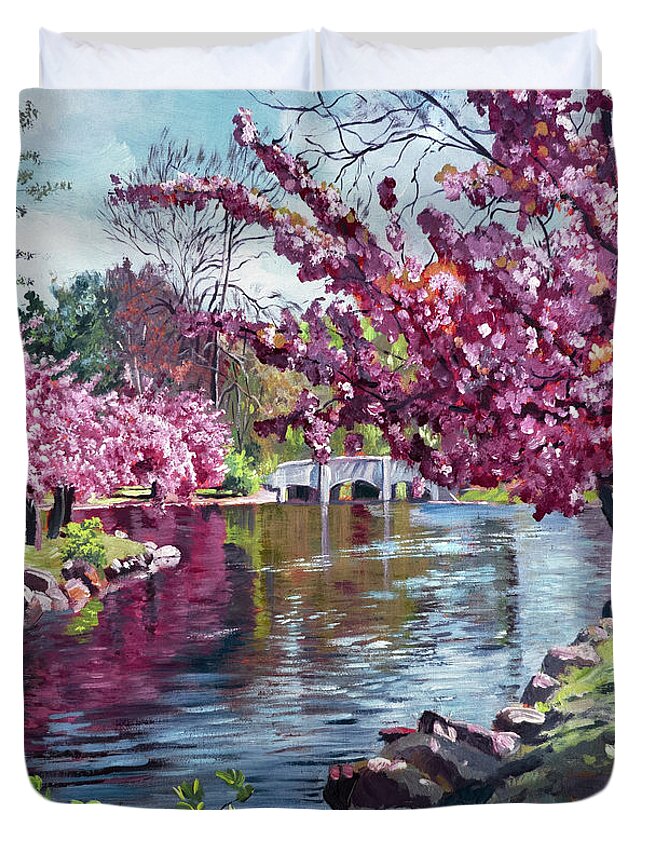 Landscape Duvet Cover featuring the painting The Tree Blossom Reflections by David Lloyd Glover