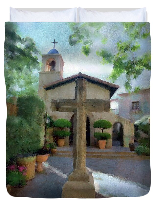 Sedona Duvet Cover featuring the mixed media The Wedding Chapel at Tlaquepaque, Sedona by Colleen Taylor