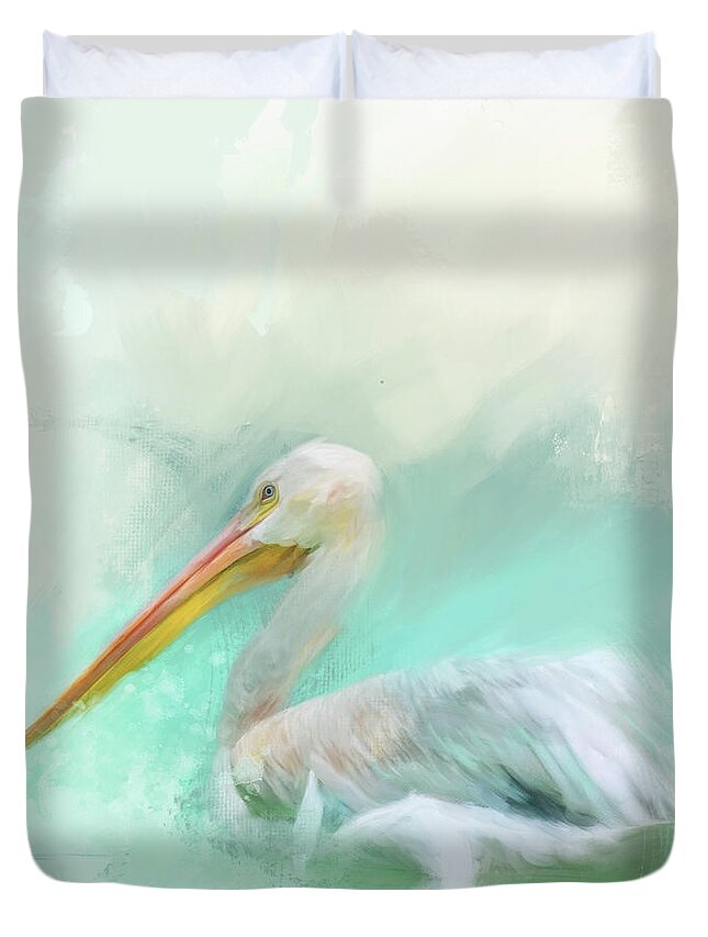 Colorful Duvet Cover featuring the painting The White Pelican by Jai Johnson