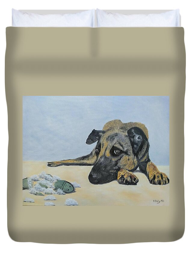 Dog Duvet Cover featuring the painting This Toy is Defective by Kevin Daly