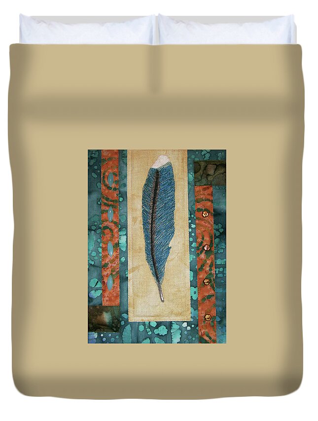 Art Quilt Duvet Cover featuring the tapestry - textile Threaded Feather by Pam Geisel