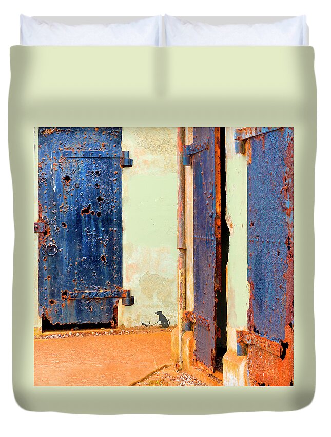 Old Military Structures Duvet Cover featuring the photograph Three Doors by Jessica Levant