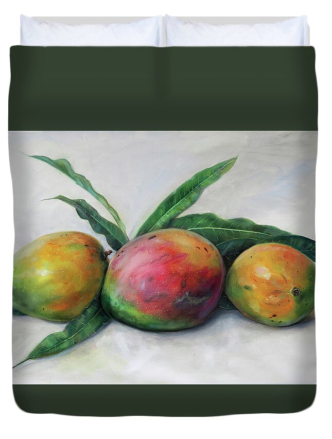 Still Life Duvet Cover featuring the painting Three Julie Mangos by Jonathan Gladding