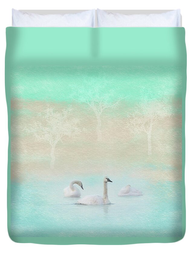 Swans Duvet Cover featuring the photograph Three Swans Pastel Square by Patti Deters