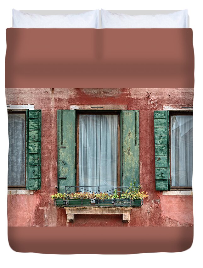Venice Duvet Cover featuring the photograph Three Windows with Green Shutters of Venice by David Letts