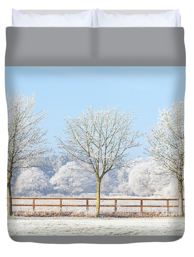 Landscape Duvet Cover featuring the photograph Three winter trees and frozen fence by Simon Bratt