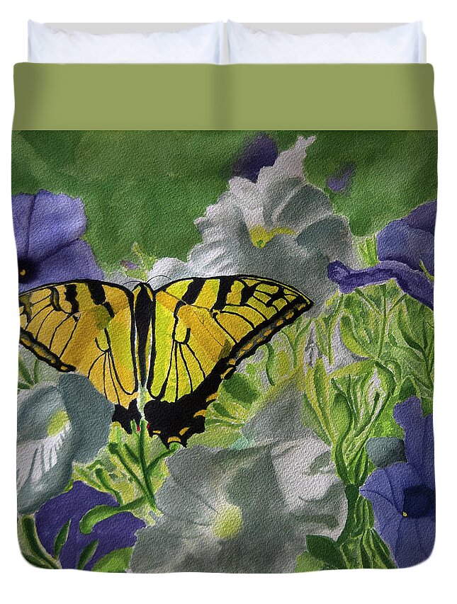 Tiger Swallowtail Duvet Cover featuring the painting Tiger and Morning Glory by Wade Clark