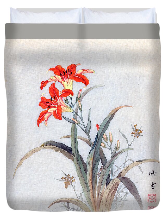 Chikutei Duvet Cover featuring the painting Tiger Lily by Chikutei