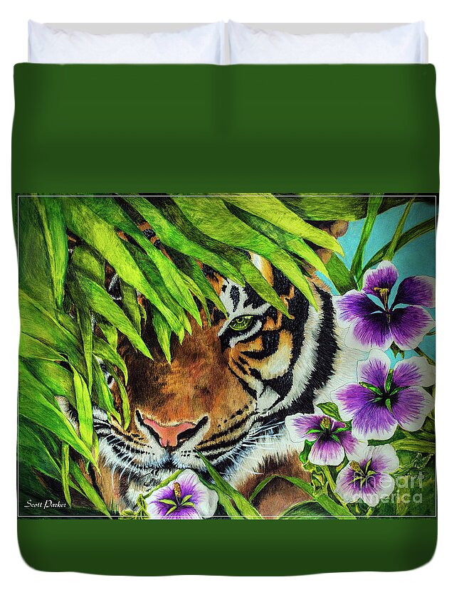 Tiger Duvet Cover featuring the drawing Tiger Lily by Scott Parker