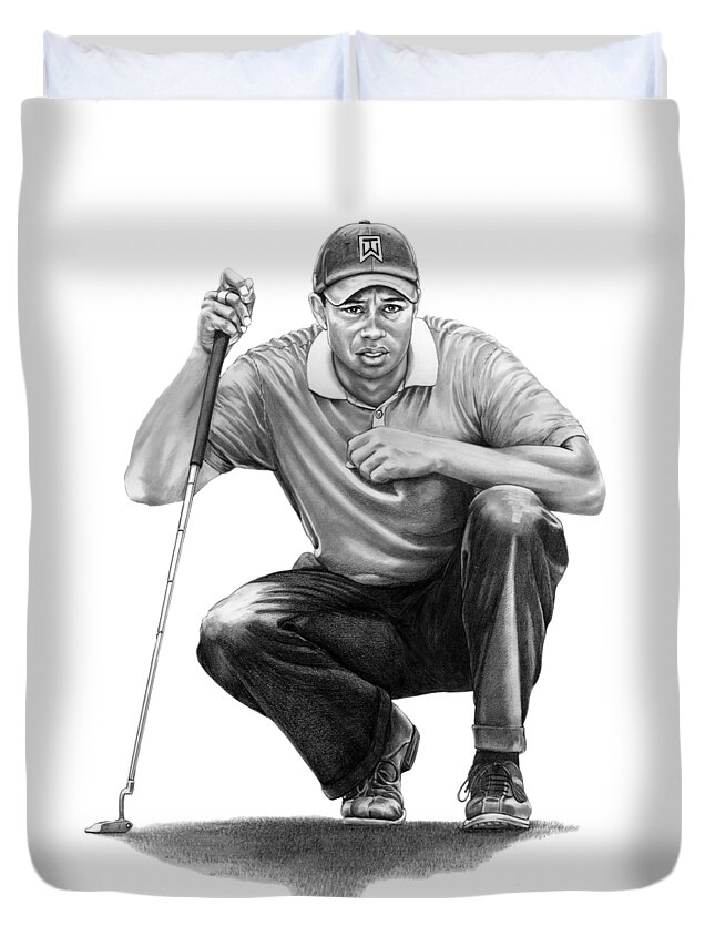 Pencil Duvet Cover featuring the drawing Tiger Woods Crouching Tiger by Murphy Elliott