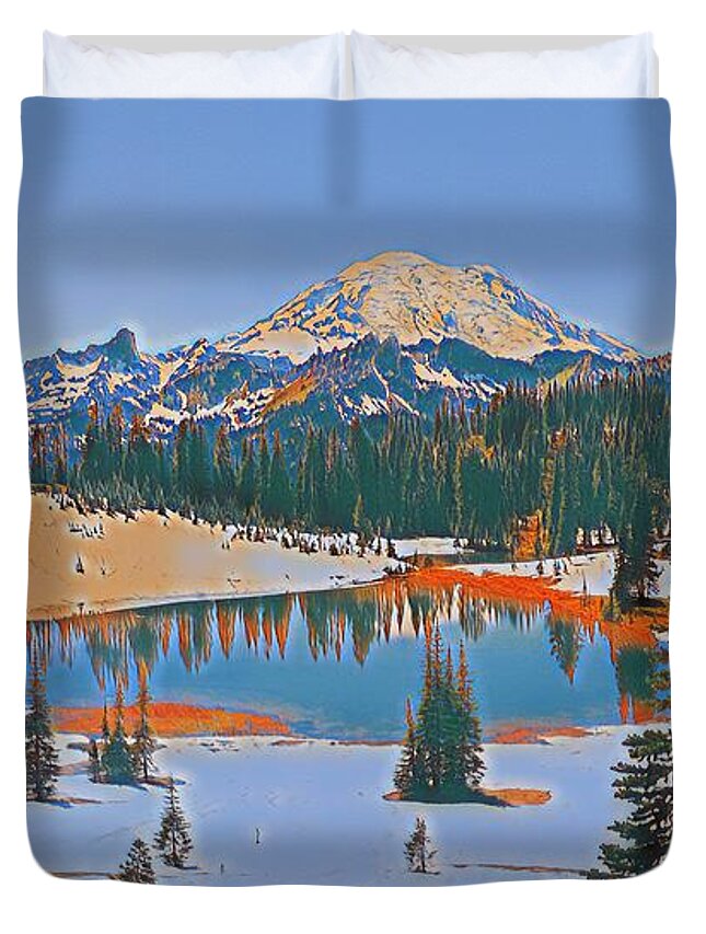 Mt. Rainier Duvet Cover featuring the digital art Tipsoo Lake by Jerry Cahill