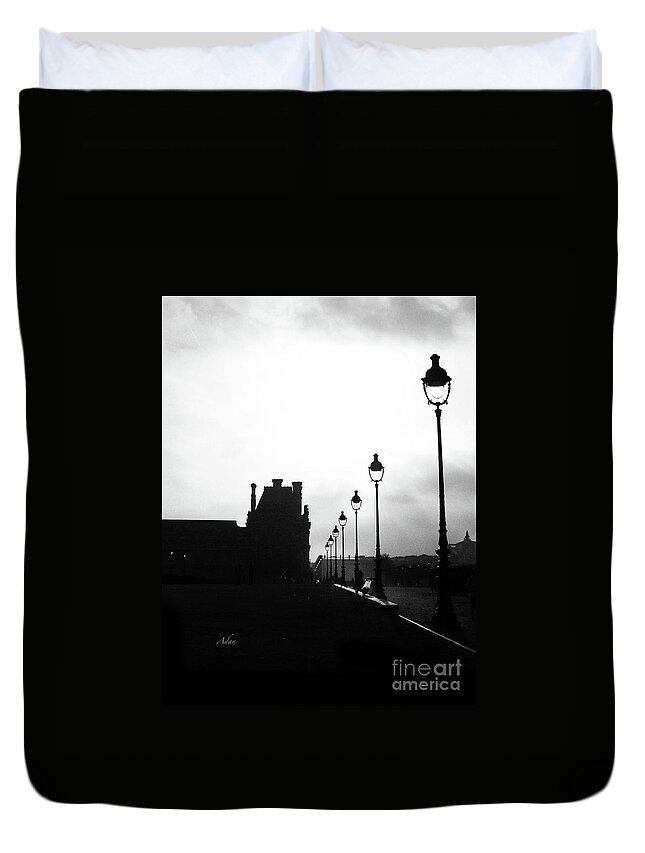Paris Duvet Cover featuring the photograph To the Tuileries Paris Lamps BW Vertical by Felipe Adan Lerma