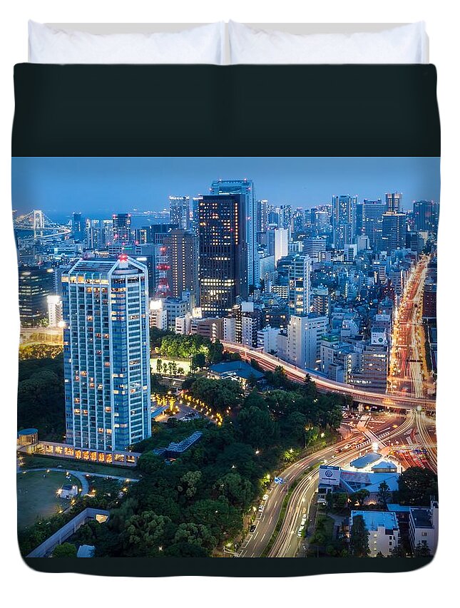 Downtown District Duvet Cover featuring the photograph Tokyo City At Night With Skyscrapers by Photography By Zhangxun