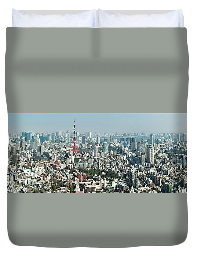 Tokyo Tower Duvet Cover featuring the photograph Tokyo Landmark Cityscape Panorama by Fotovoyager