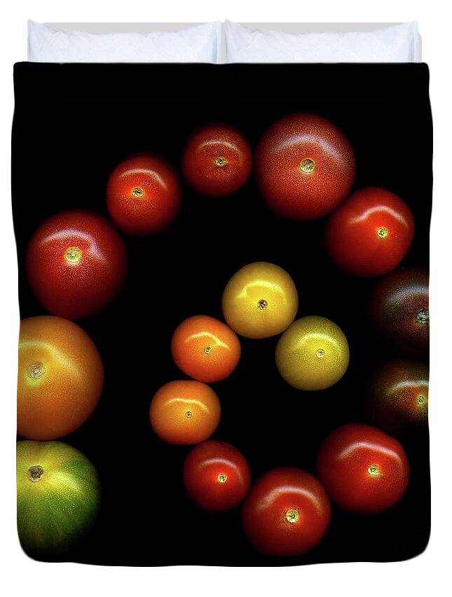 In A Row Duvet Cover featuring the photograph Tomatoes by Photograph By Magda Indigo