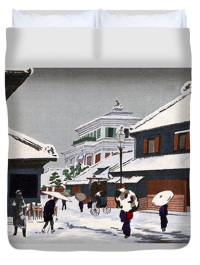 Kobayashi Duvet Cover featuring the painting Top Quality Art - Suruga Town Snow by Kobayashi Kiyochika