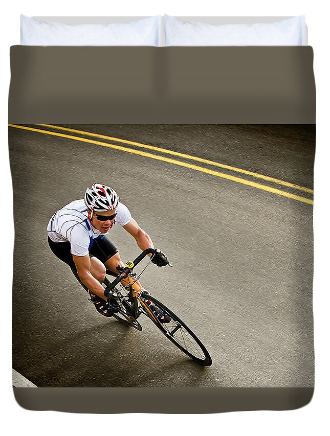 People Duvet Cover featuring the photograph Top View Of Male Cyclist Leaning Around by Tyler Stableford