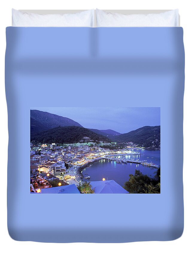 Greece Duvet Cover featuring the photograph Town & Harbor At Night, Epirus, Greece by Walter Bibikow