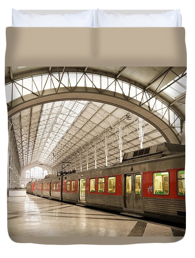 Passenger Train Duvet Cover featuring the photograph Train And Railroad Station by Benedek