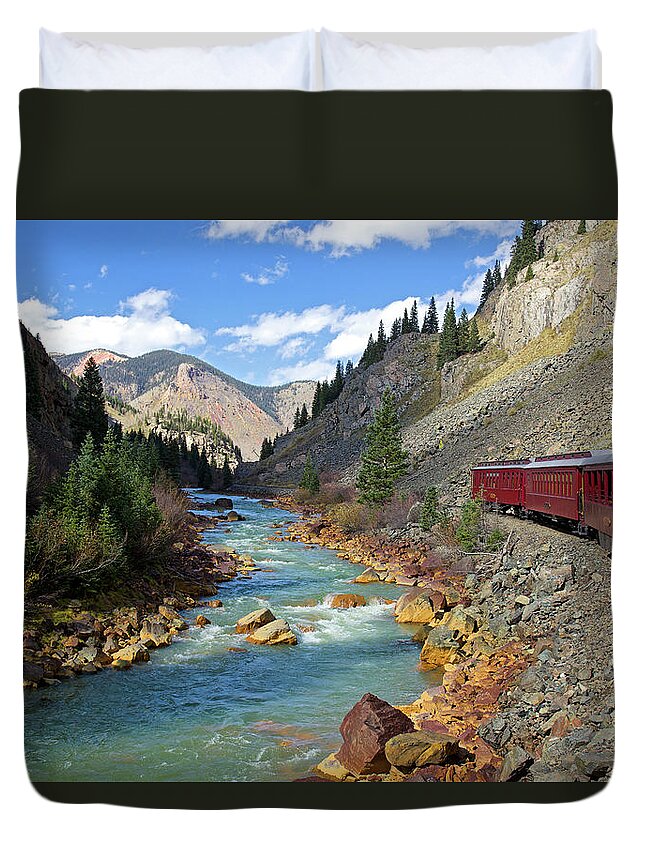 Scenics Duvet Cover featuring the photograph Train Ride Through Colorado Mountains by © Rozanne Hakala