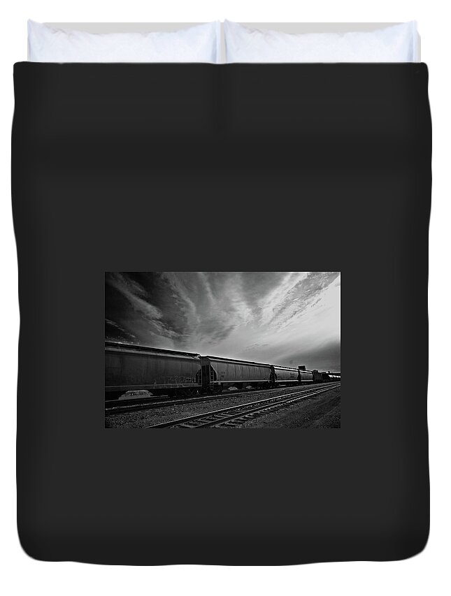 Railroad Track Duvet Cover featuring the photograph Train With Dramatic Clouds by Tara Camilli