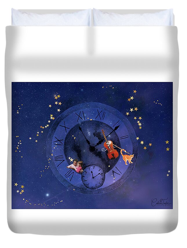 Children's Illustrations Duvet Cover featuring the mixed media Traveling Through Time by Colleen Taylor