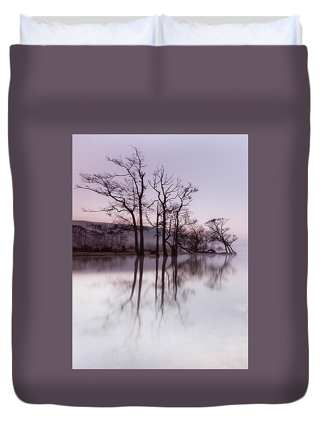 Landscape Duvet Cover featuring the photograph Trees in the Mist on Lake Ullswater by Anita Nicholson