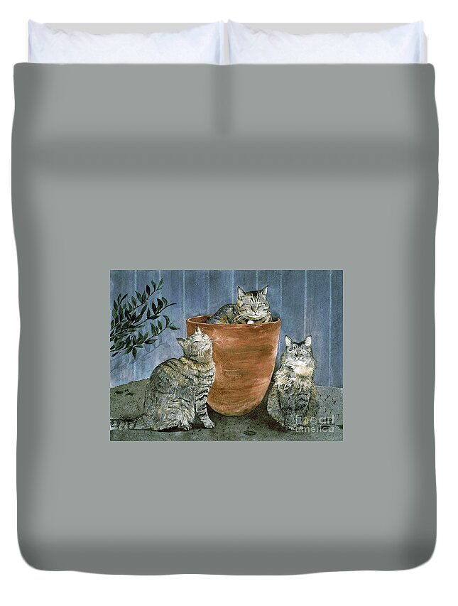Three Neighbors Cats Gather On Our Front Porch. Duvet Cover featuring the painting Tres Gatos by Monte Toon