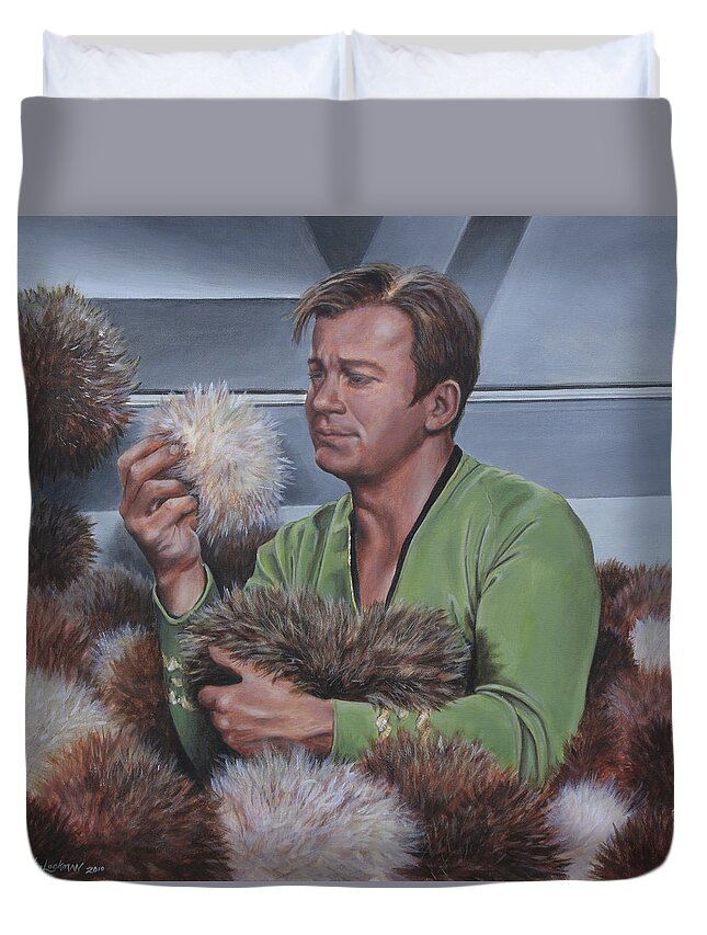 Star Trek Duvet Cover featuring the painting Tribble Trouble by Kim Lockman