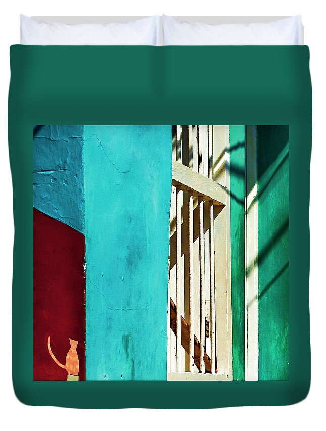 Colorful Facade Duvet Cover featuring the photograph Trinidad Stairwell by Jessica Levant