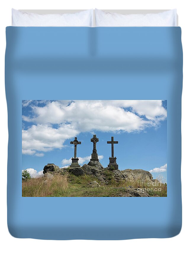 Cross Duvet Cover featuring the photograph Trinity crosses on the hill by Michal Boubin