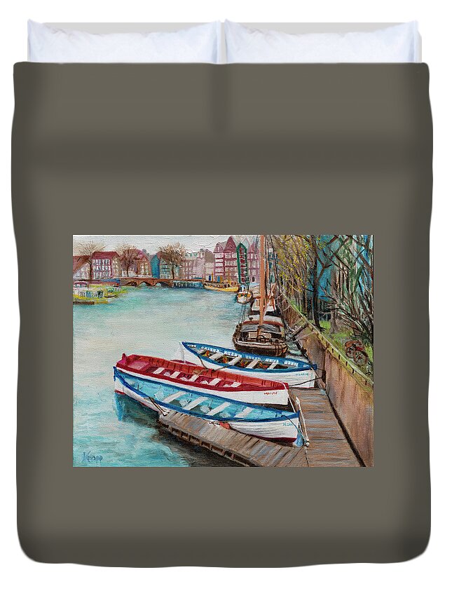 The Canals Of Amsterdam And Colorful Boats Duvet Cover featuring the painting Trio of Boats by Kathy Knopp