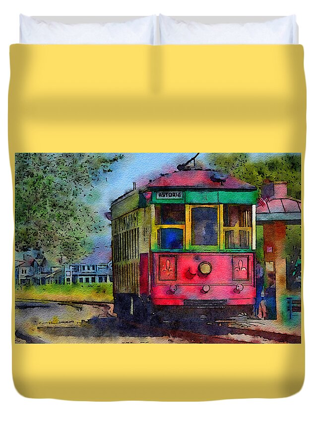 Historic Trolly Duvet Cover featuring the mixed media Trolly Car by Bonnie Bruno