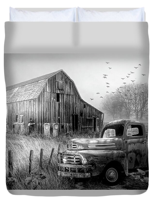 1951 Duvet Cover featuring the photograph Truck in the Fog in Black and White by Debra and Dave Vanderlaan