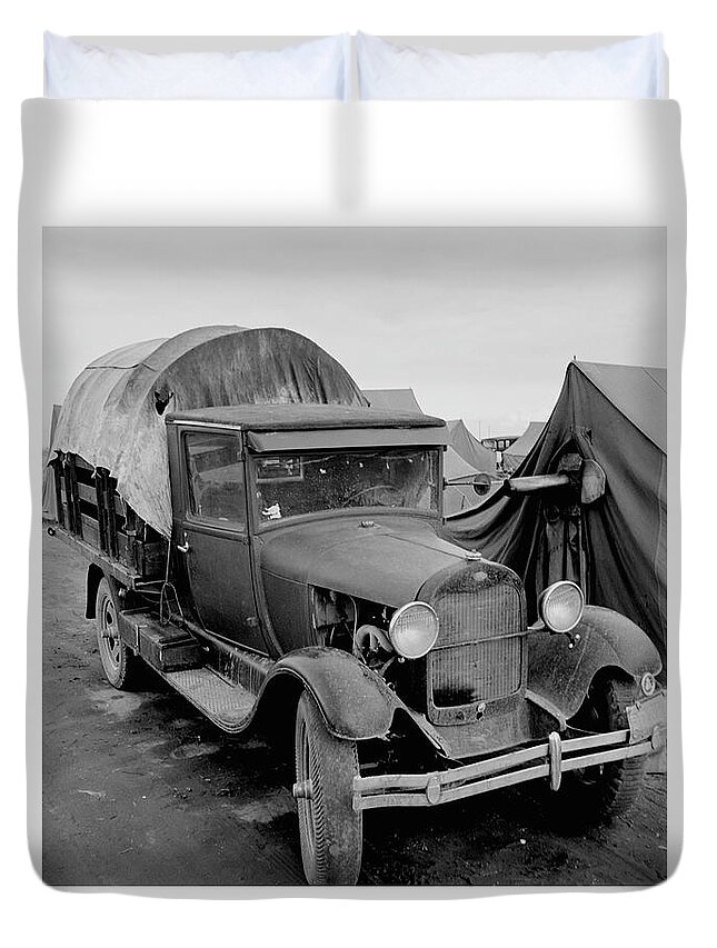Depression Duvet Cover featuring the painting Truck Parked by Tent in FSA site by Dorothea Lange