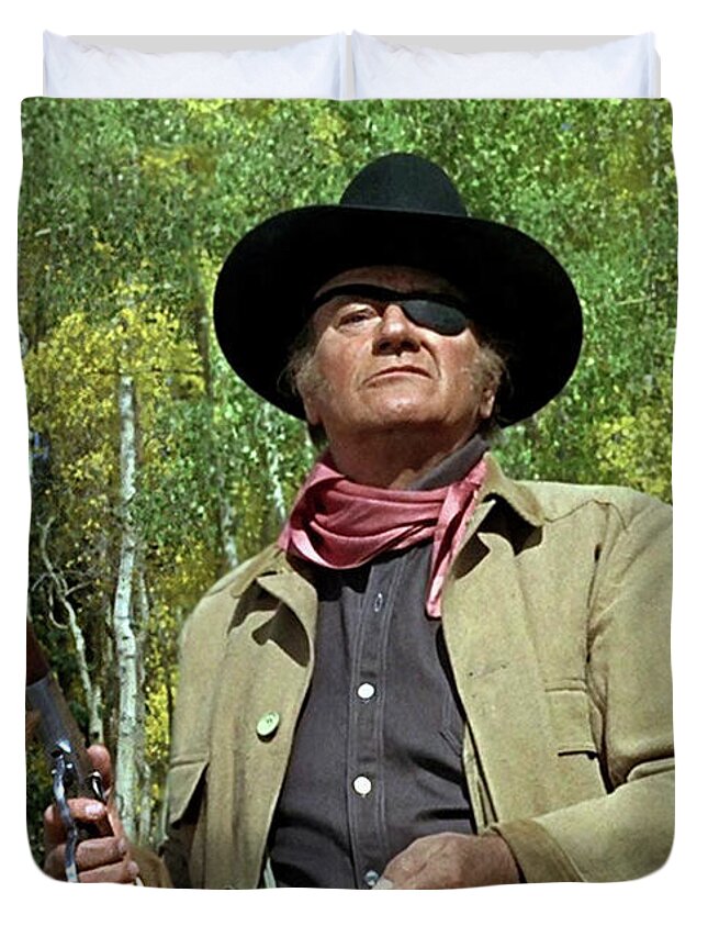 True Grit Duvet Cover featuring the mixed media True Grit, Rooster Cogburn, jumping 4 rails, John Wayne, Well, come see a fat old man some time by Thomas Pollart