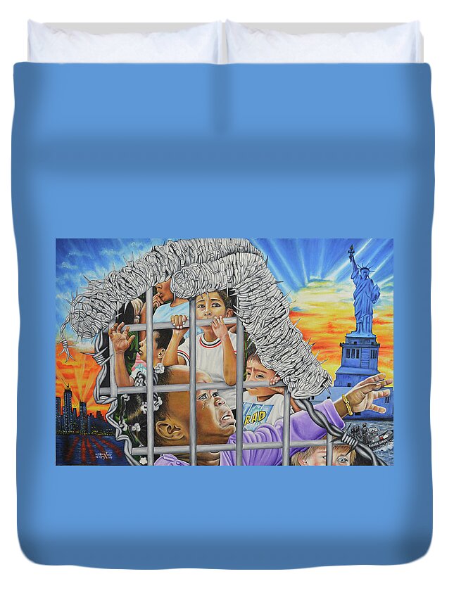 Abuse Duvet Cover featuring the painting Trump's Cage by O Yemi Tubi