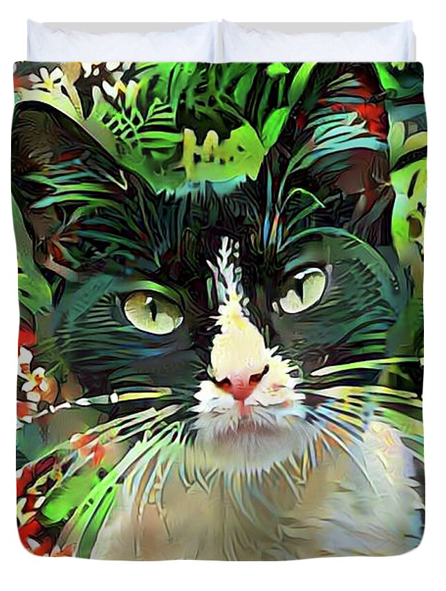 Tuxedo Cat Duvet Cover featuring the digital art Tucker the Tuxedo Cat by Peggy Collins