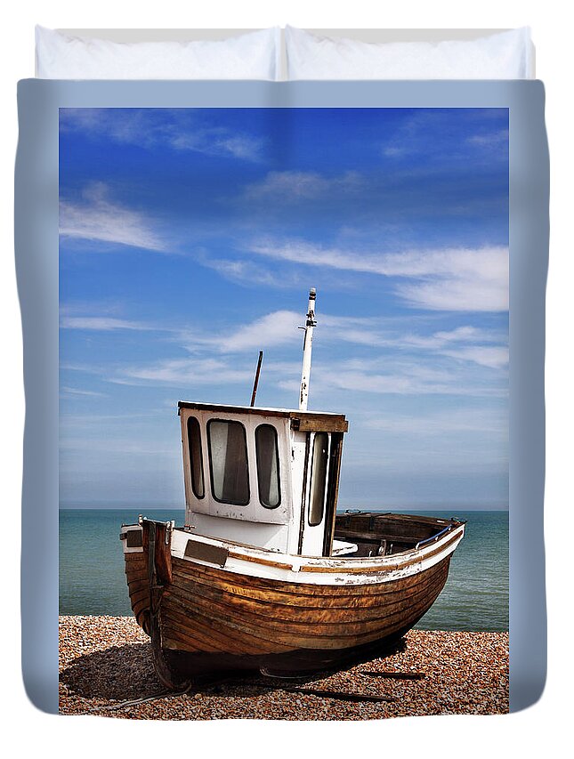 Kent Duvet Cover featuring the photograph Tug Boat On Pebble Shore by Rbozuk