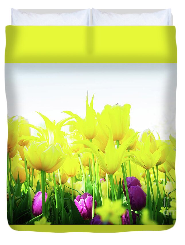 Tulips Duvet Cover featuring the photograph Tulips garden Flowerbed by Anastasy Yarmolovich