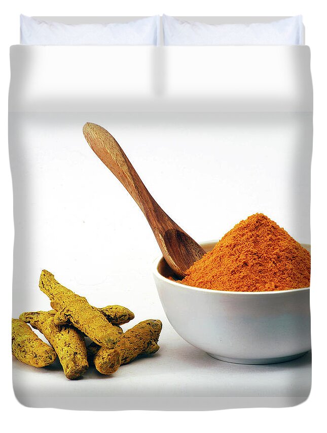White Background Duvet Cover featuring the photograph Turmeric Powder In Bowl And Raw Turmeric by Subir Basak