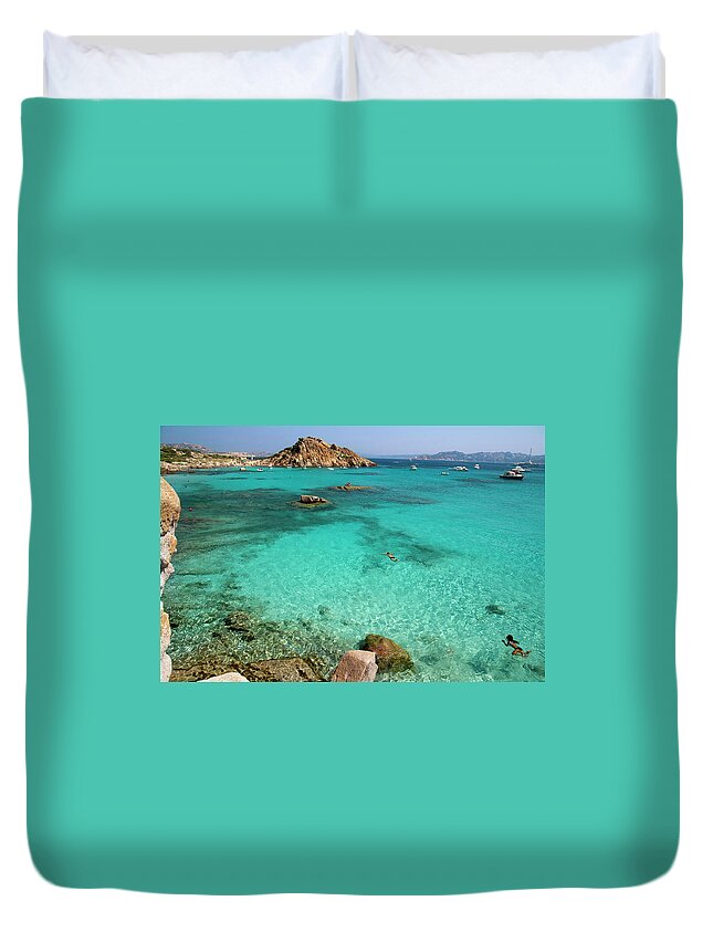 Scenics Duvet Cover featuring the photograph Turquoise Sea And Boats At La Maddalena by Vito elefante